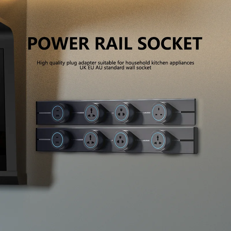 Schienen-Steckdosenschiene, wandmontierte bewegliche Steckdosen, hochwertige Stromversorgung für Haushaltsgeräte, EU, US, UK, Standard-USB-Typ-C-Anschlüsse Image