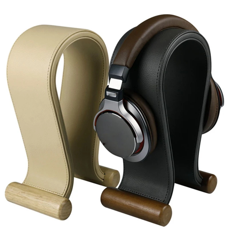 Universeller Gaming-Headset-Ständer aus PU-Leder und Holz, Kopfhörerhalter, Schreibtisch-Display-Regal für kabelgebundene/kabellose Kopfhörer, platzsparend Image
