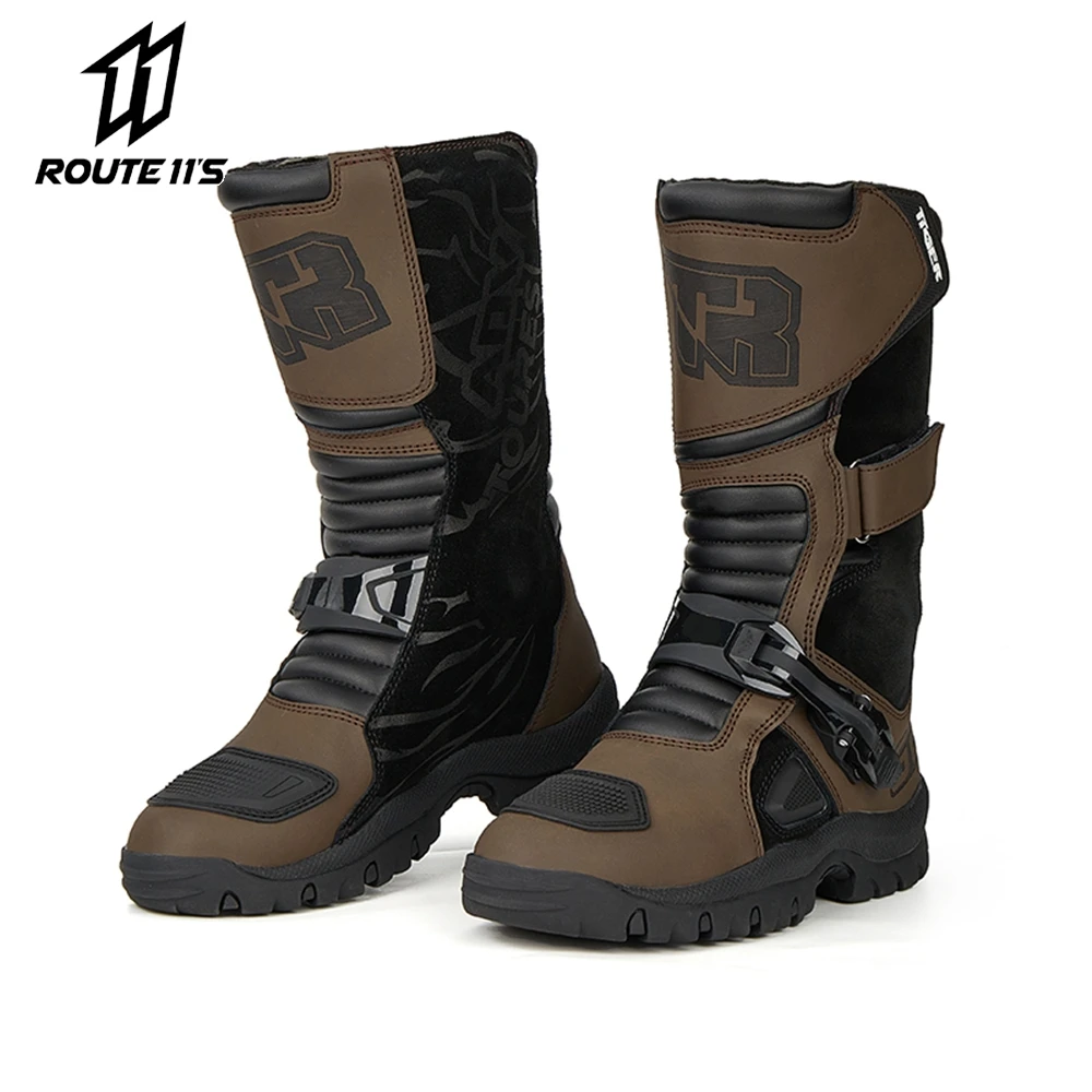 Motorradstiefel Herren Wasserdichte Motorradfahrerschuhe Braunes Leder Motocrossstiefel Rutschfestes Motorradzubehör Image