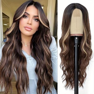 Long Brown Mixed Blonde Wavy Wig For Women 26 Inch Middle Part Curly Wavy Wig Natural Looking Synthetic Heat Resistant Fiber Wig For Daily Party Use