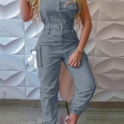 TEMU Solid Flap Pocket Cargo Jumpsuit, Casual Sleeveless Belted Flap Detail Jumpsuit, Women's Clothing Image