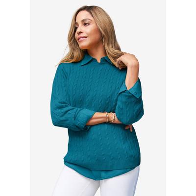 Plus Size Women's Cable Crewneck Sweater by Jessica London in Deep Teal (Size S)