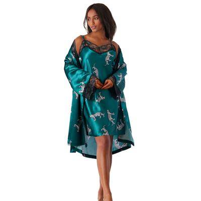 Plus Size Women's The Luxe Satin Short Peignoir Set by Amoureuse in Deep Emerald Leopard (Size 2X) Pajamas