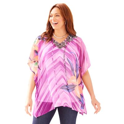 Plus Size Women's Georgette Peasant Poncho by Catherines in Berry Pink Tropical Chevron (Size 4X/5X)