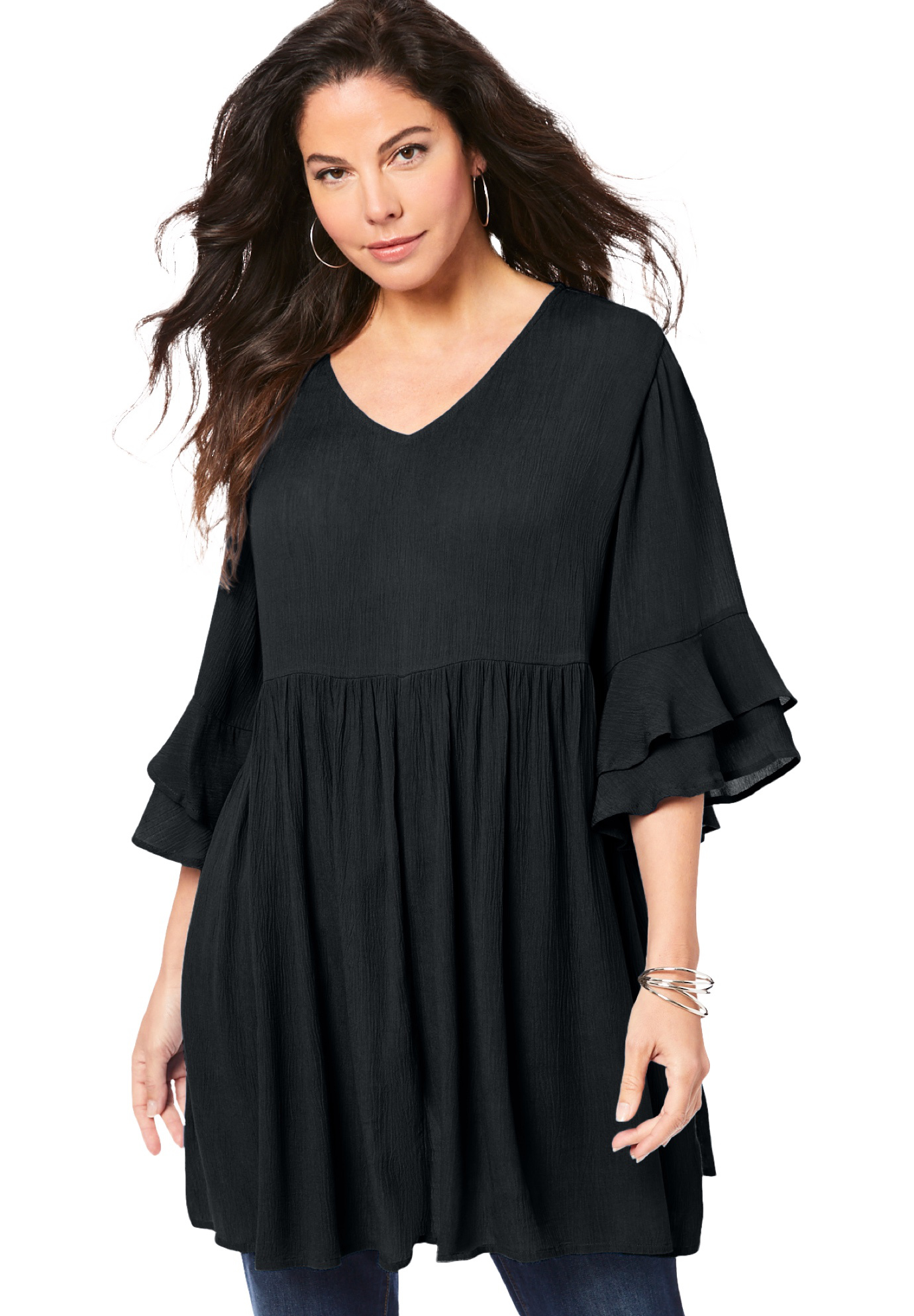 Plus Size Women's Hand Crinkled Flutter Sleeve Tunic by Roaman's in Black (Size 16 W)
