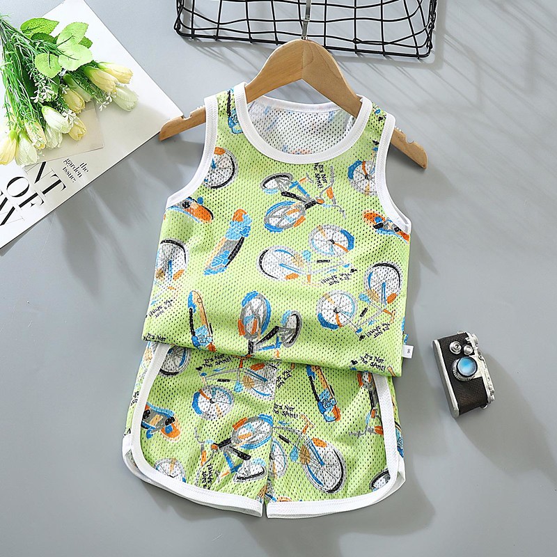 2 Pieces Toddler Boys Tank Shorts Outfit Animal Cartoon Sleeveless Cotton Set Outdoor Fashion Daily Summer Spring 3-7 Years Blue dinosaur feather car