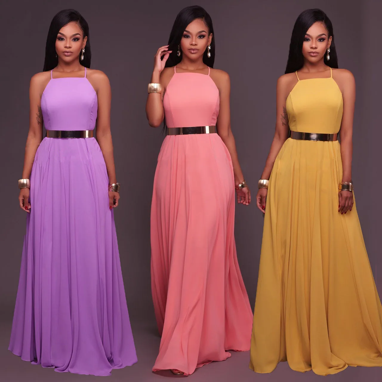 Mode Frauen Sommer ärmellosen Riemen o Hals Boho Kleid lässig lange Maxi Abend party Strand rücken frei Kleid Sommerkleid Image