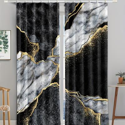 2pcs Black Golden Marble Print Polyester Curtain, Window Treatment For Bedroom Office Kitchen Living Room Study Home Decor, With Free Accessories