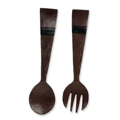 Fork and Spoon,'African Handmade Wood Fork and Spoon Wall Art (Pair)'
