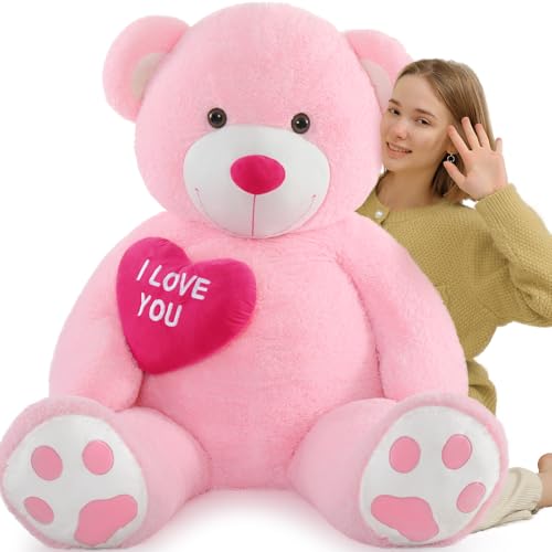 MorisMos I Love You Giant Teddy Bear Pink, 150cm Big Bear Stuffed Animal Plush Toy Soft Cuddly, Kawaii Large Bear Teddy Presents for Girlfriend Girls Kids Women Mother Birthday Party Decorations