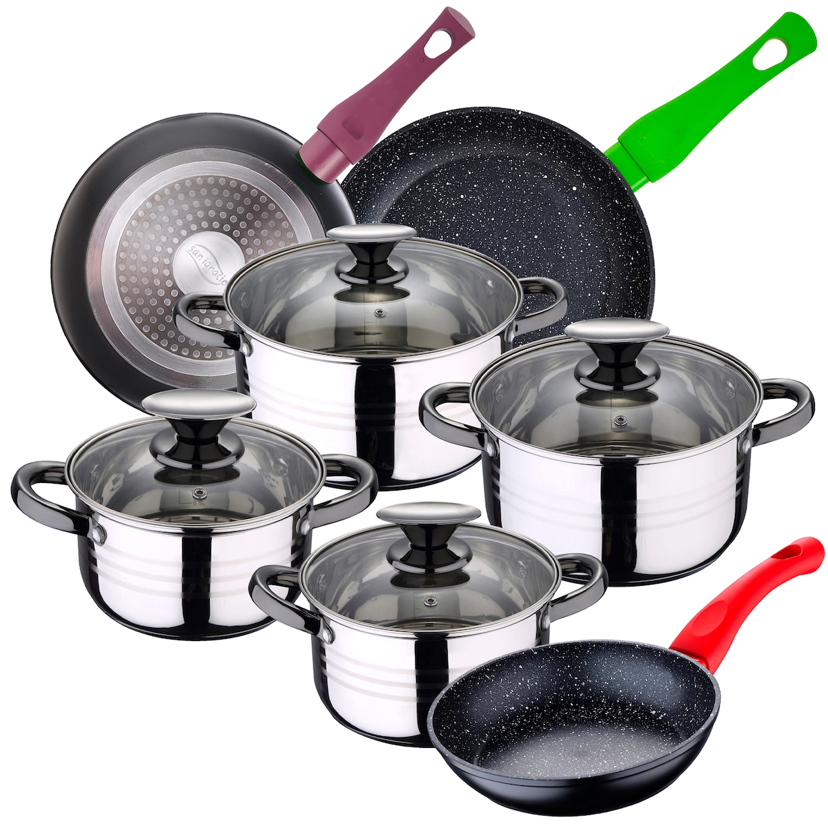 San Ignacio - 16/18/20/24 cm Edelstahl-Kochgeschirrset mit 18/22/26 cm Jolie-Pfannenset aus geschmiedetem Aluminium Image