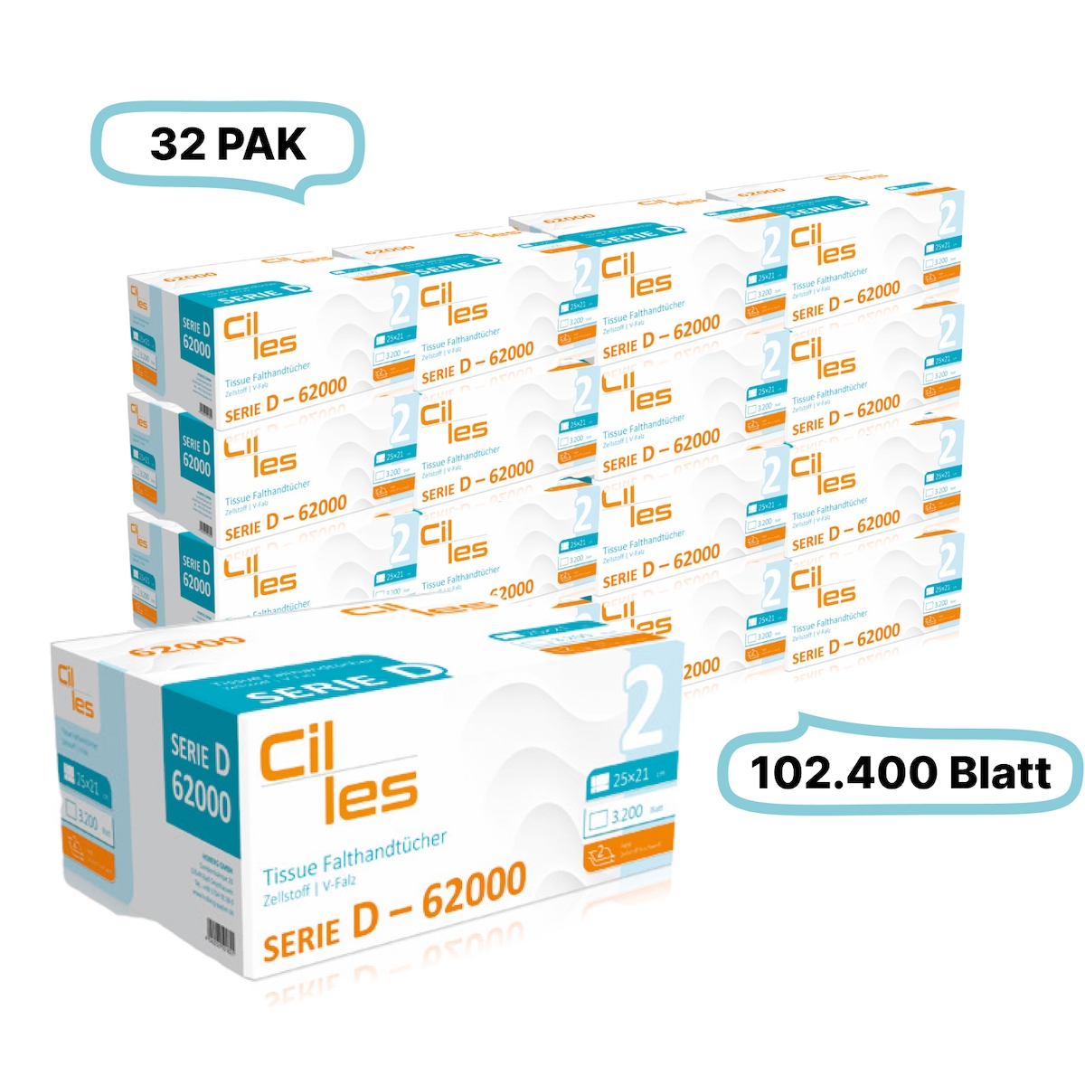 Falthandtücher 25x21cm, 2-lg, 32 Pak, 102.400 Blatt gesamt, 3.200 Blatt/ Pak, 100% Zellstoff, V-Falz, CIL- les Tissue, Series D Image