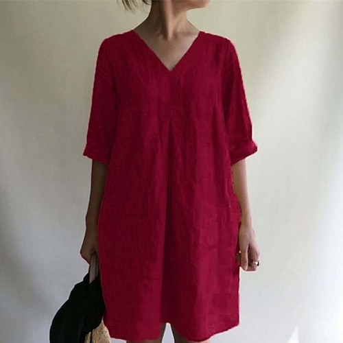 Damen Minikleid Baumwoll Mischung Shiftkleid Freizeitkleid Tunika-Kleid Basic Klassisch Lässig Täglich Outdoor Urlaub Lässiger Schnitt Einfarbig Halbarm V Ausschnitt Gelb Wein Grau Leicht Blau Sommer Image