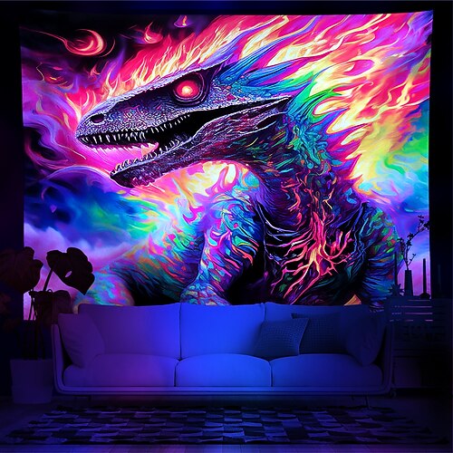 Schwarzlicht-Wandteppich, UV-reaktiv, im Dunkeln leuchtend, Party, Neon, DJ, Drache, psychedelisch, trippig, neblig, Wandteppich, Wandbild für Wohnzimmer, Schlafzimmer Image