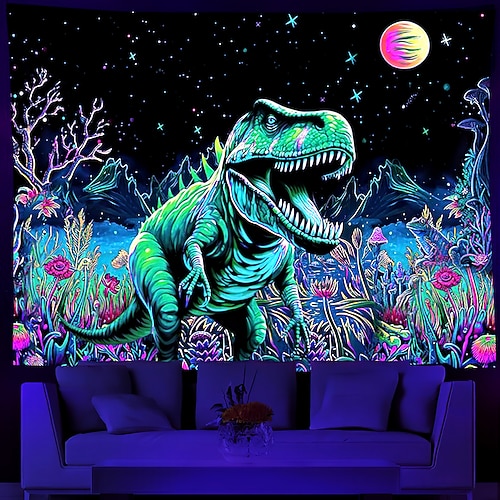 Schwarzlicht Wandteppich UV reaktiv im Dunkeln leuchtend Party Neon Dinosaurier Wald Natur psychedelisch trippig neblig hängender Wandteppich Wandbild für Wohnzimmer Schlafzimmer Image