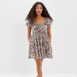 American Eagle Outfitters Dresses | American Eagle Floral Button-Front Mini Dress Bow Tie Back Size Xs | Color: Blue/Gray | Size: Xs
