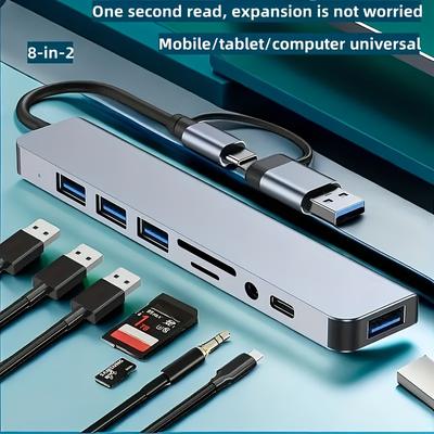 TEMU Usb /usb-c Adapter, Sd/tf Card Reader, 8 In 2 Usb Expansion Dock For Laptops With Usb 3.0, Usb 2.0, Tf, Sd, 3.5mm Interfaces, 5v Operating Voltage, Usb Powered - High-speed 5gbps Data Transfer