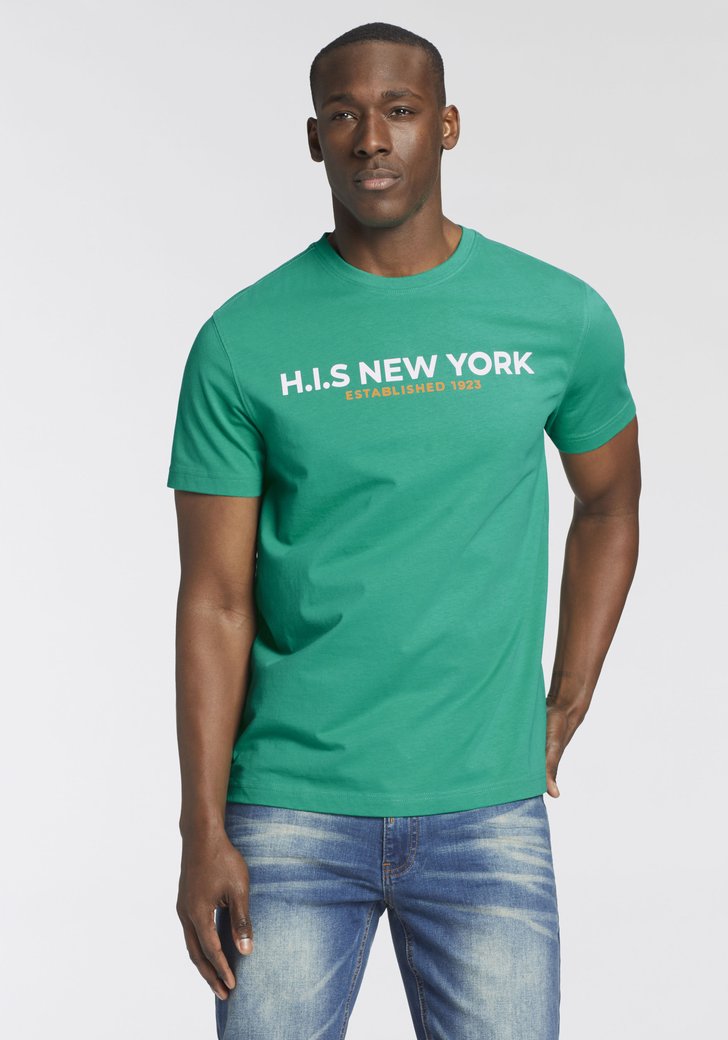 T-Shirt H.I.S, Herren, Gr. L (52/54), grün, Single Jersey, Obermaterial: 100% Baumwolle, bedruckt, schmal, Rundhals, gerader Abschluss, Shirts T-Shirt, Mit großem Frontprint