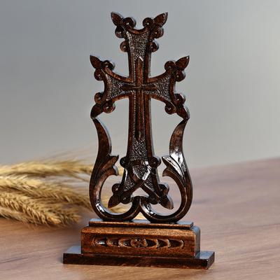 'Traditional Hand-Carved Dark Brown Wood Cross from Armenia'