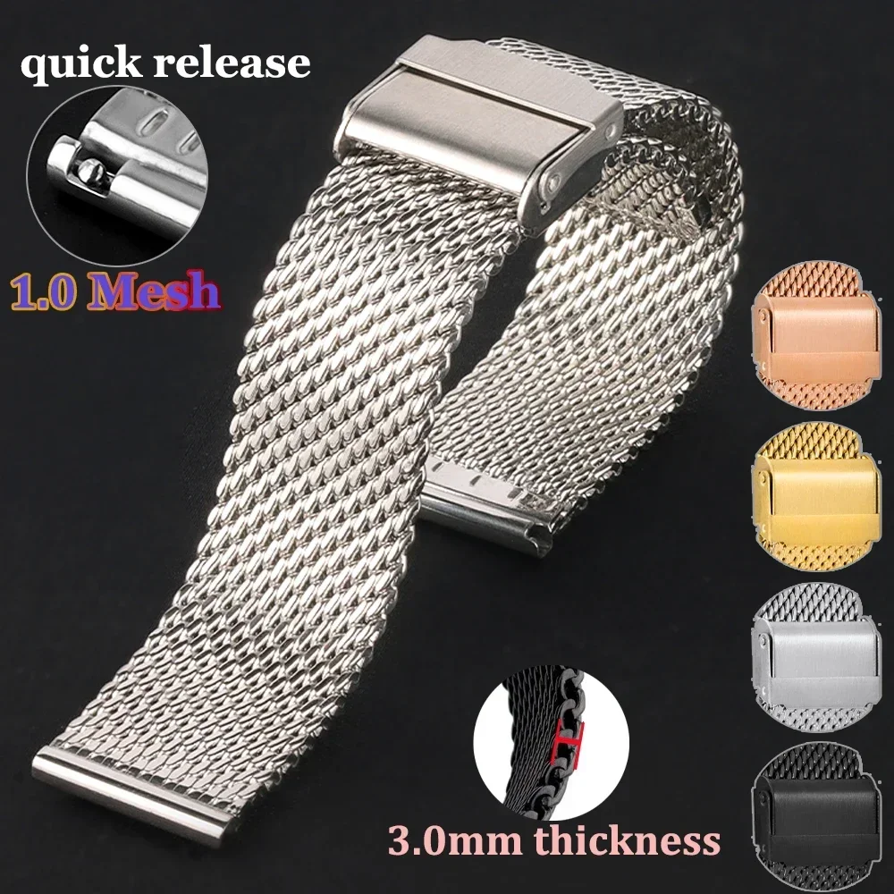 1,0 mm Milanese Mesh Edelstahl-Uhrenarmband, Schnellverschluss, 3 mm Dicke, grobes, schweres Armband, Metallarmband, 18, 20, 22, 24 mm Image