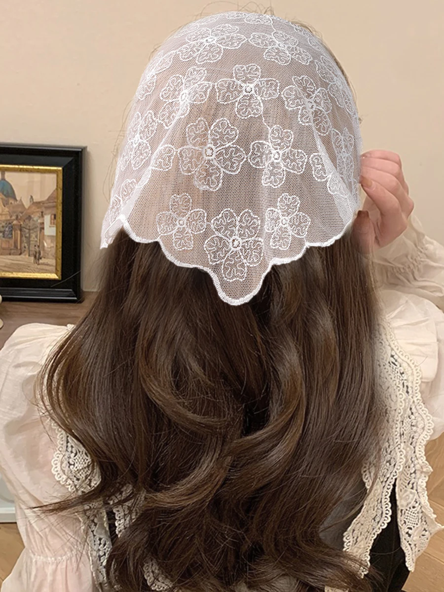 Blume Spitze Dreieck Schal Haarband weiß Mode Bandana Turban Stirnband für Frauen Headwarp Haarschmuck Image
