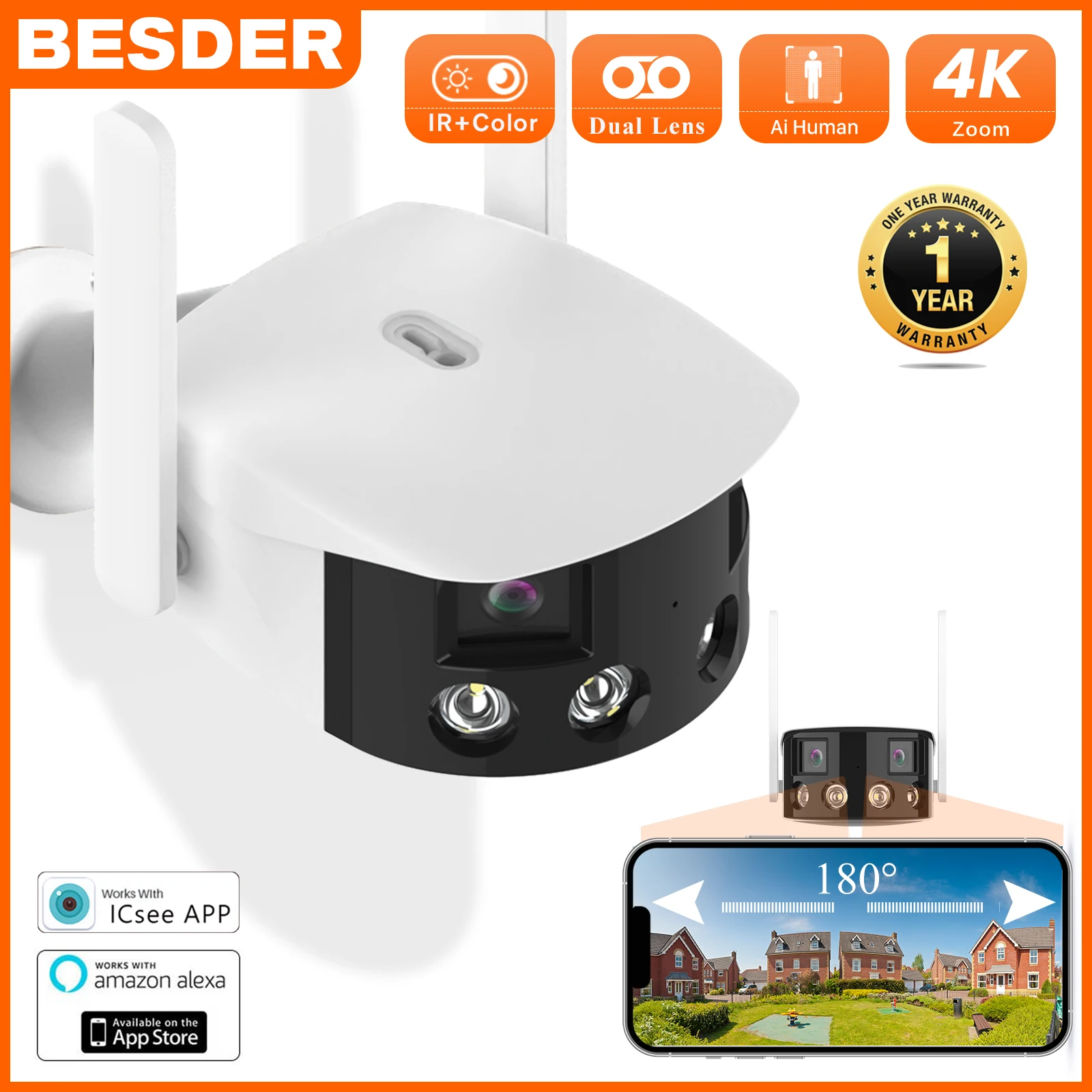 8 MP 4K IP-Kamera WIFI Outdoor 180 ° Panorama-Überwachungs-CCTV-Kamera mit zwei Objektiven und großem Betrachtungswinkel. Überwachungskamera mit menschlicher Erkennung