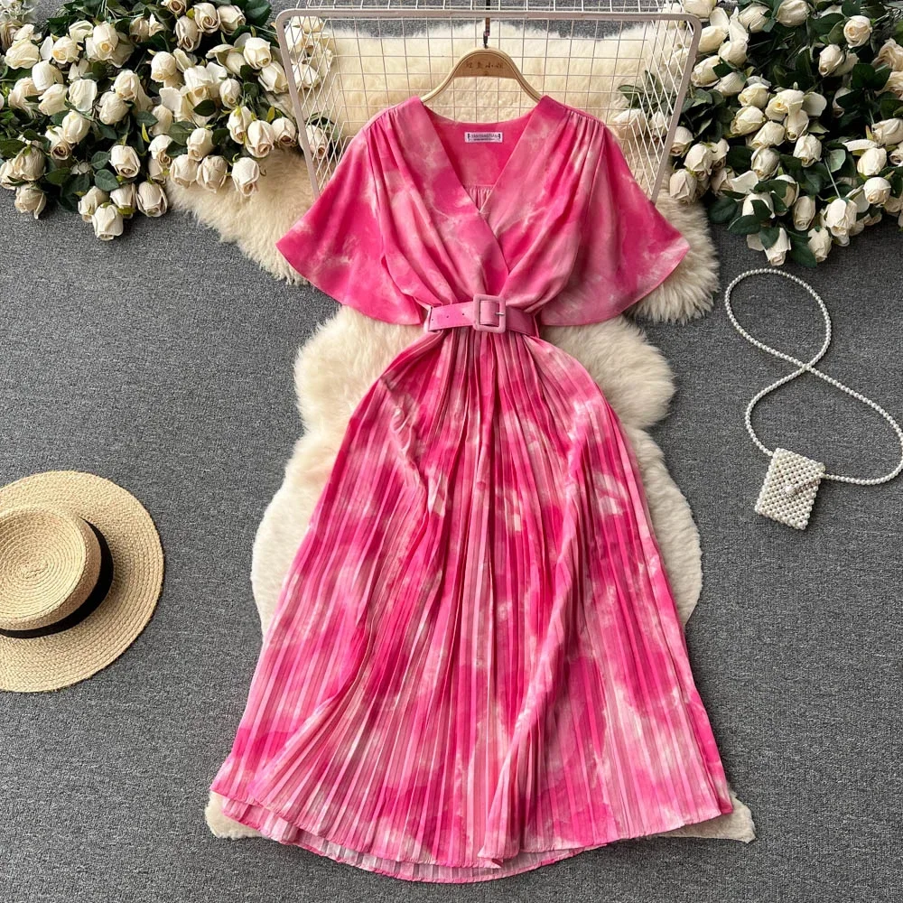 Rosa Elegante Solide V-ausschnitt Kurzarm Falten Vestido Frauen Casual Lace-up Plissee Kleid 2024 Neue Flut Sommer