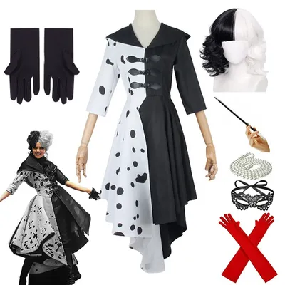 Erwachsene schwarz weiß Hexe Deville Cosplay Kostüm Kleid für Frauen mit Handschuh Halloween Party Image