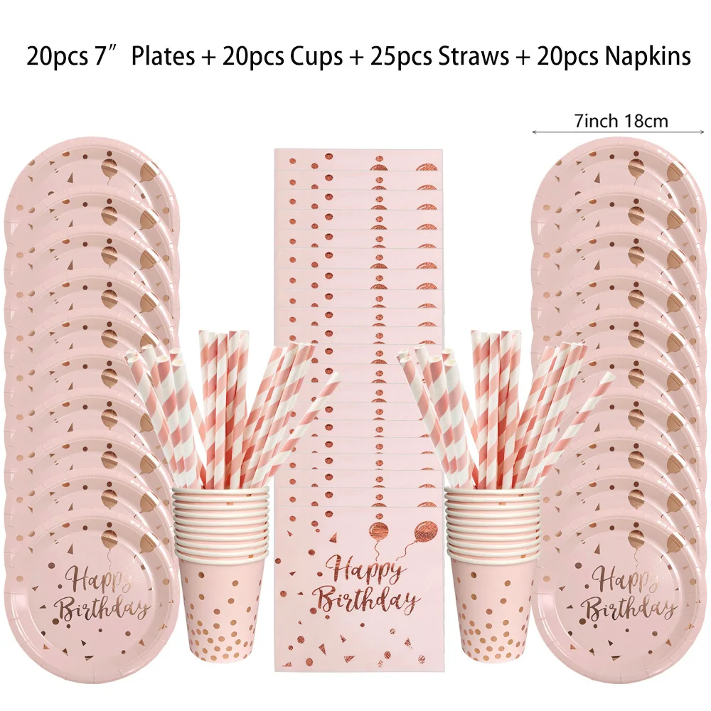 Set di stoviglie usa e getta per feste in oro rosa, piatti di carta rosa, tazze, cannucce per feste di compleanno, decorazioni per matrimoni per adulti, baby shower
