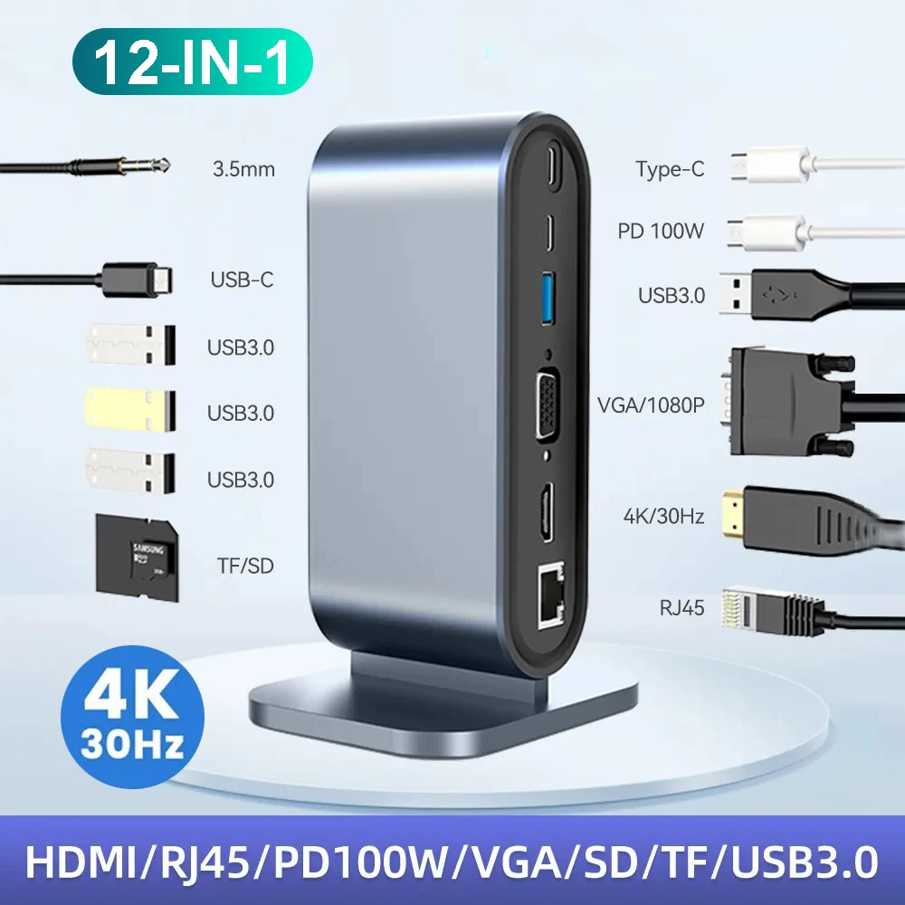 Docking station USB C PD 100W HUB USB C Adattatore compatibile da tipo C a HDMI 4K 30Hz VGA RJ45 HUB USB 3.0 Splitter USB per MacBook