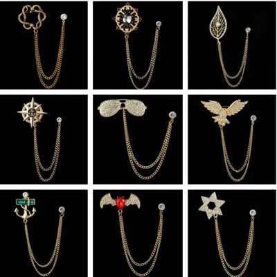 Retro Fashion Crystal Glasses Brooch Tassel Chain Snake Eagle Animal Lapel Pin Men Suit Shirt Collar Badge Jewelry Accessories