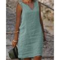 Damen Midikleid Baumwoll-Leinen-Kleider Freizeitkleid Baumwoll-Leinenkleid Shiftkleid Basic Lässig Urlaub Täglich Ausgehen Normale Passform Einfarbig Ärmellos V-Ausschnitt Gelb Rosa Blau Grün Sommer