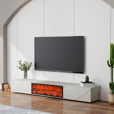 Modern Light Luxury Electric Fireplace TV Stand with LED Flame Effects, Glossy Sintered Stone Slate With 2 Drawers