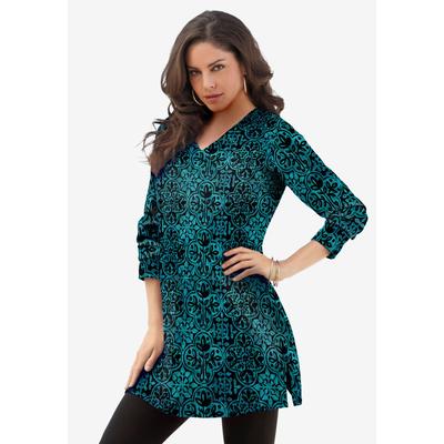 Plus Size Women's Plus Size Cotton Ultimate Long Sleeve V-Neck Tunic by Roaman's in Teal Tile Print (Size 4X) Long Shirt