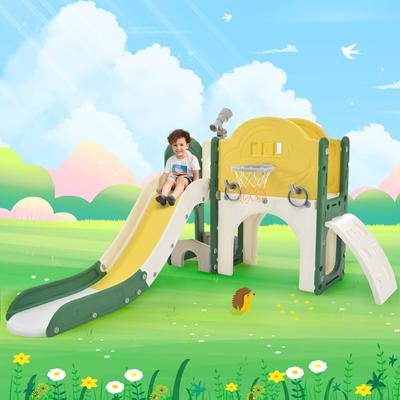 7 in 1 Toddler Slide Playset, Kids Climber Slide w/ Non-Slip Steps, Arch Tunnel, Ring Toss & Basketball Hoop, Toddler Playhouse