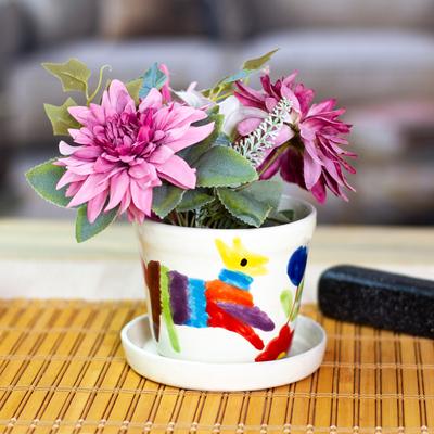 Festive Fauna,'Whimsical Animal-Themed Ceramic Flower Pot and Saucer'