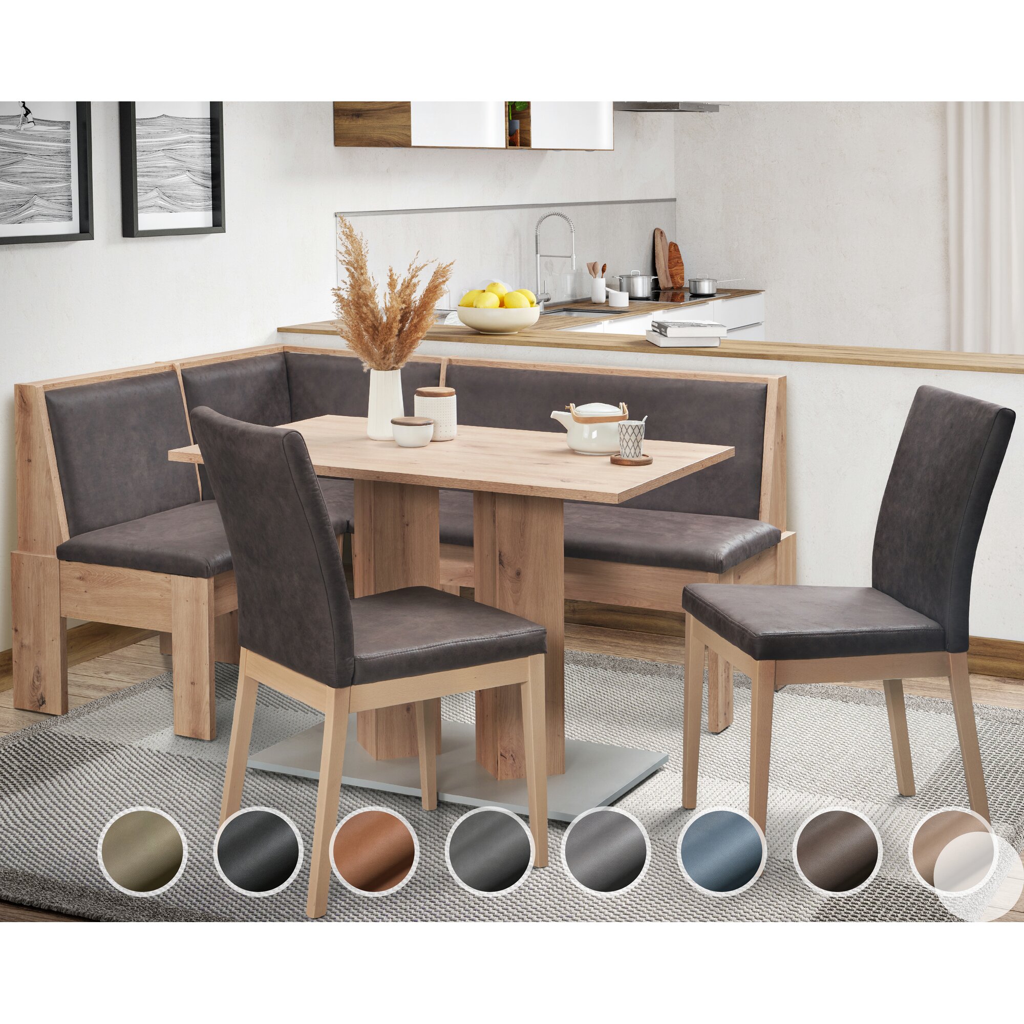 Schösswender »Inka« Eckbankgruppe II 127x167 cm / Gavin 07 hellblau / offen / Rundecke / Appalachian Oak Dekor