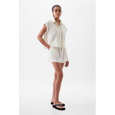 Gap Womens White Linen-Blend Short Sleeve Cropped Shirt - White