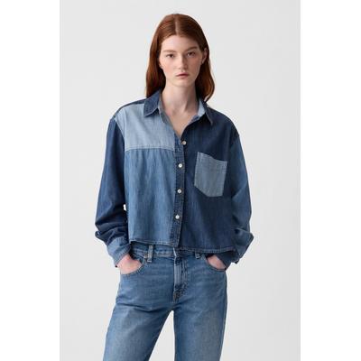 Gap Womens Blue Cropped Patchwork Denim Shirt - Blue