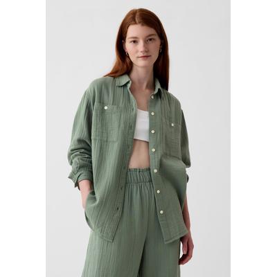 Gap Womens Green Crinkle Cotton Gauze Oversized Shirt - Green