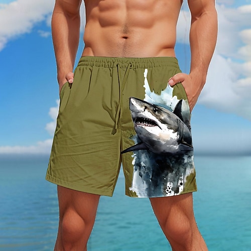 Herren Tiermotiv Hai Badehosen Badeshorts Boardshorts Mittlere Taille Mode Streetwear Hawaiianisch Lässig Täglich Ferien Tasche Kordelzug Elastischer Bund Designer Bekleidung Image