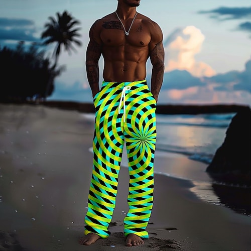Herren Grafik Freizeithose Mittlere Taille Hawaiianisch Urlaub Gerader Schnitt Sommer Frühling 3D-Druck Gelb Rote Grün Image