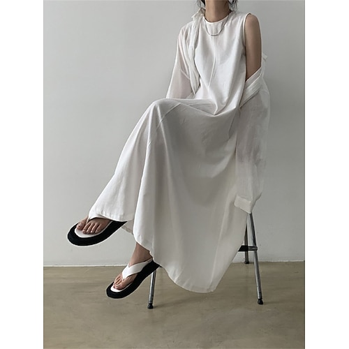 Damen Maxikleid Shiftkleid Sommerkleid Baumwoll-Leinen-Kleider Freizeitkleid Basic Modern Täglich Wochenende Lässiger Schnitt Einfach Ärmellos Rundhalsausschnitt Hemdkragen Blau Weiß Marineblau Kaki Image