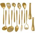 304 Stainlss Steel Kitchen Utensils Set, 12 Pcs Long Metal Cooking Utensil Gadgets Tools Set with Spatula, Ladle, Spoon, Ladle, Skimmer, Tunner, Pasta Server, Tongs(Gold, Dishwasher Safe)