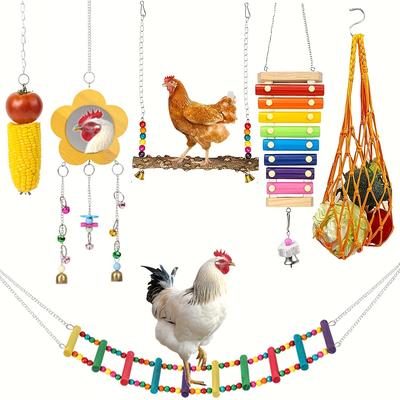 6pcs Bird Chicken Toys For Coop Accessories, Chicken Swing Ladder Perch Roosts, Chicken Xylophone Mirror With Bells Vegetable Fruits Hanging Chicken Feeder For Hens Bird Parrot