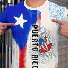 Puerto Rico Theme Frog And Fingerprint Pattern Crew Neck And Short Sleeve T-shirt, Novel And Chic Tops For Men's Summer Outdoors Wear And Vacation