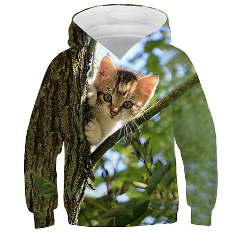 kinderkleidung Mädchen Kapuzenshirt Katze Casual Langarm Aktiv Baumwolle 7-13 Jahre Herbst Mehrfarbig Schwarz Weiß Image