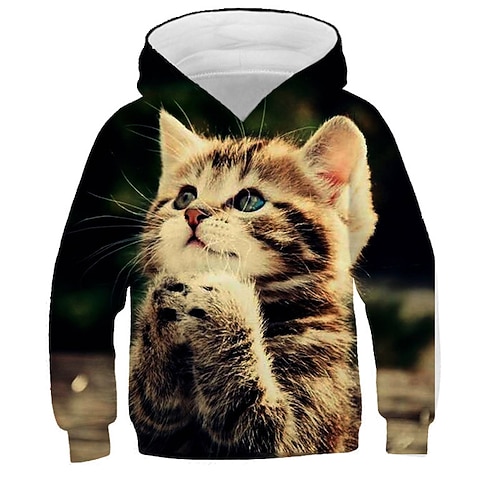 kinderkleidung Mädchen Kapuzenshirt Katze Casual Langarm Aktiv Baumwolle 7-13 Jahre Herbst Mehrfarbig Schwarz Weiß Image