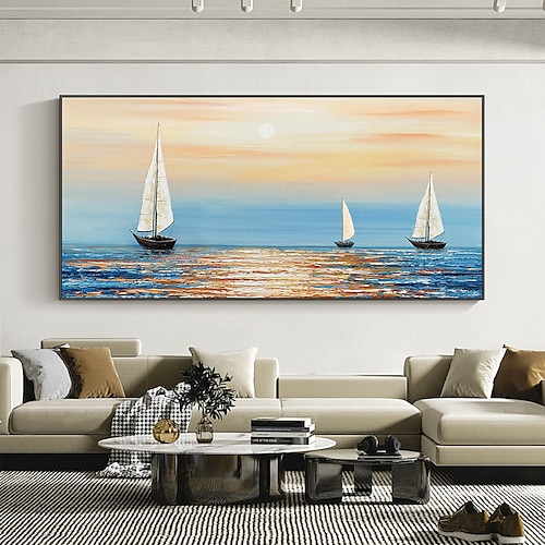Handgefertigtes Ölgemälde auf Leinwand, Wandkunst, Dekoration, abstraktes Segelboot im Sonnenuntergang, Gemälde, abstrakte Meereslandschaft, Gemälde für Wohnkultur, gerolltes, rahmenloses, ungedehntes Image