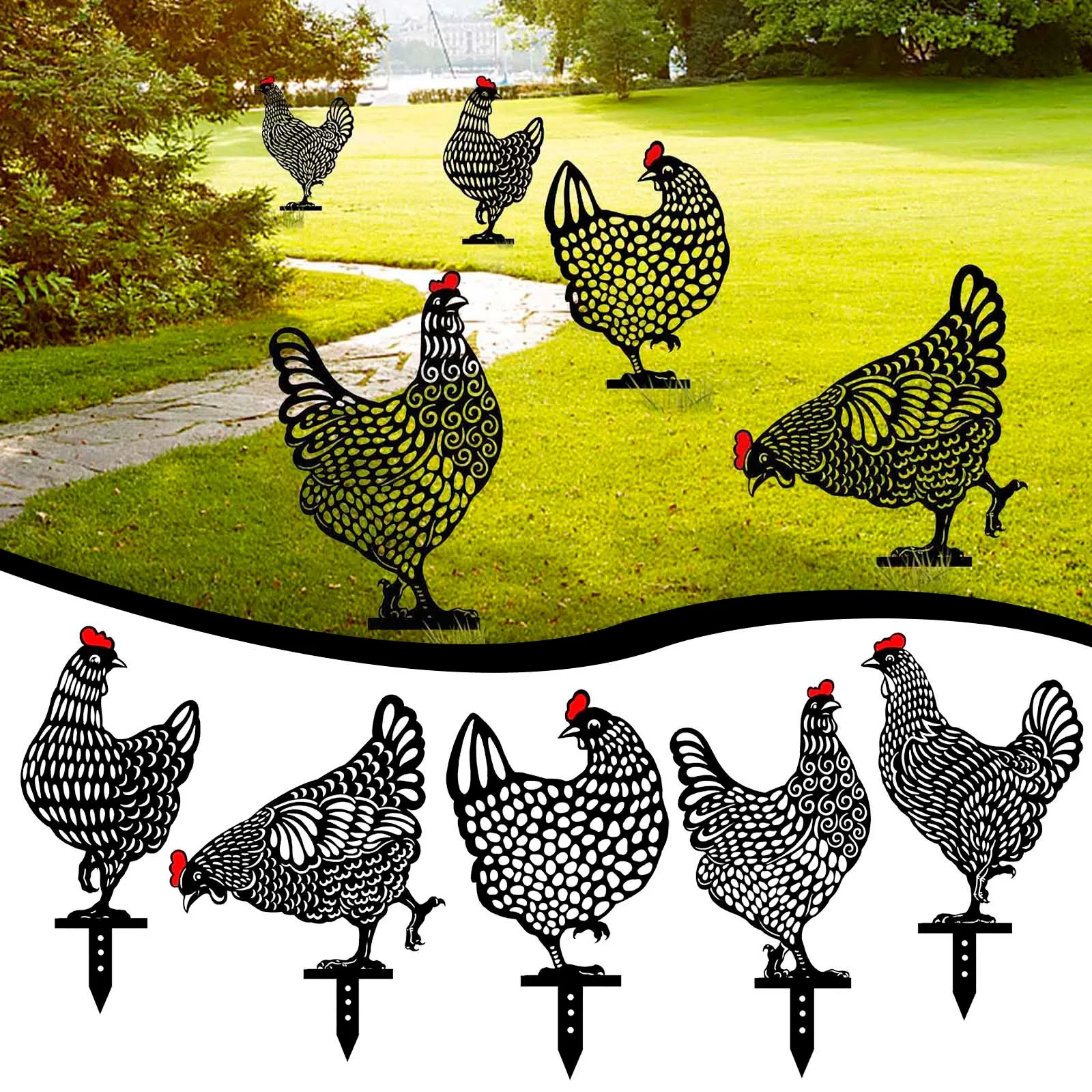 Statue de coq de poulet sur pied de jardin féerique, piquets d'extérieur, signe de cour, ornements, décor de poule en acrylique, décor de jardin de pelouse extérieure